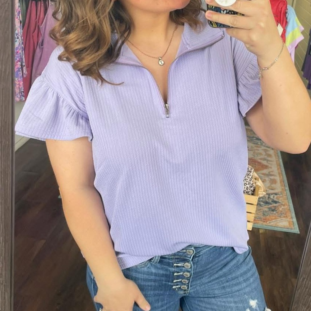 Lilac quarter zip top with ruffle sleeves
